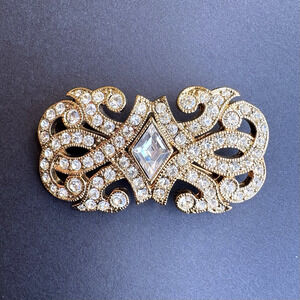 Vintage Monet Gold‎ Tone Open Scroll Filigree Clear Rhinestones Bar Brooch 2"